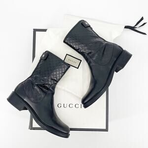 Gucci Black Leather Microguccissima Embossed Moto Biker Ankle Boot size EU 39
